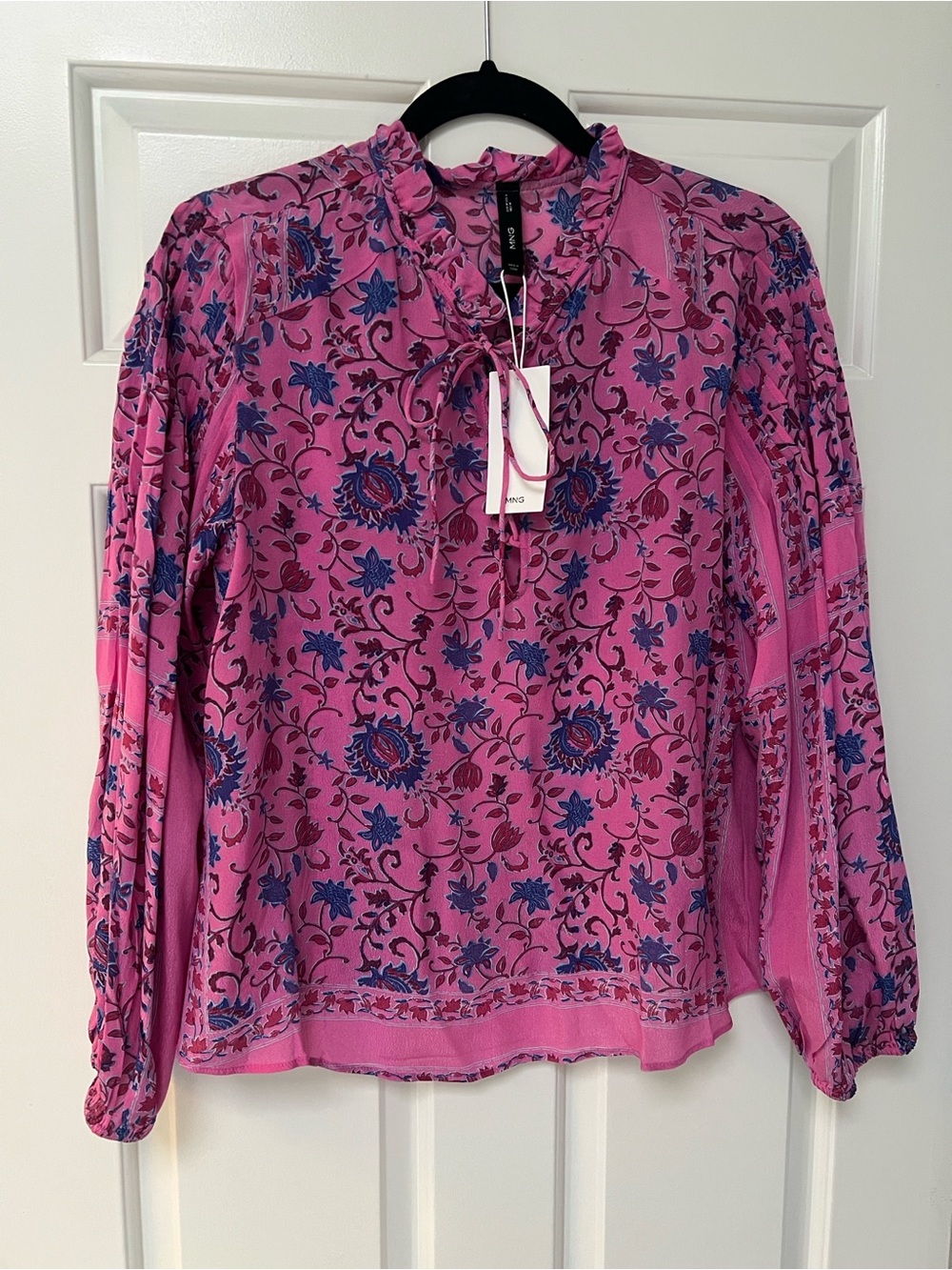 Women's Pink Floral Tie-Neck Blouse